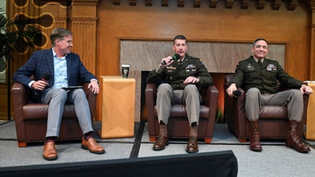 (Joe Felter, Gordian Knot Center for National Security Innovation, moderates a discussion with Lt. Gen. Vowell, the 18th Airborne Corps and Lt. Gen. Anderson, US Pacific) (US Army)